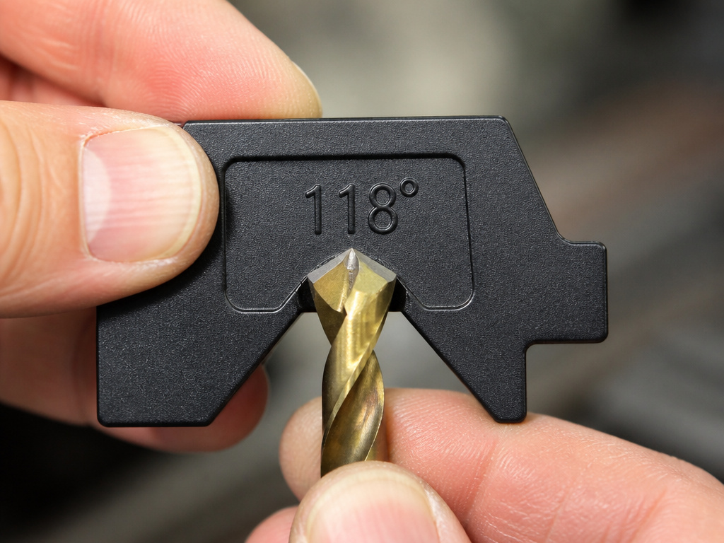 Using a point gauge to check the angle of a hand-sharpened drill bit.