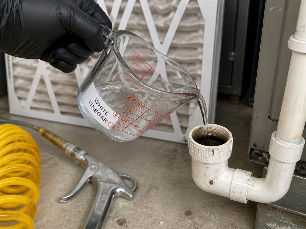 Pouring vinegar into AC drain line with air compressor hose nearby for maintenance.