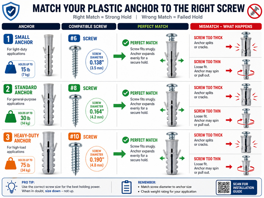 Plastic anchor and screw size compatibility chart for drill-free installation.
