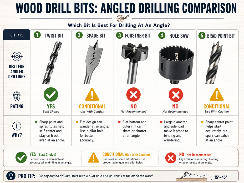 Comparison chart of which wood drill bits work best for angled drilling.