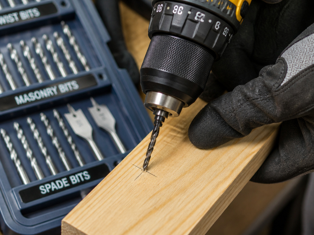 Choosing correct drill bit for wood, with labeled bit case in background.