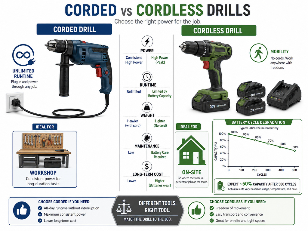 Corded vs cordless drill comparison infographic for power and mobility.