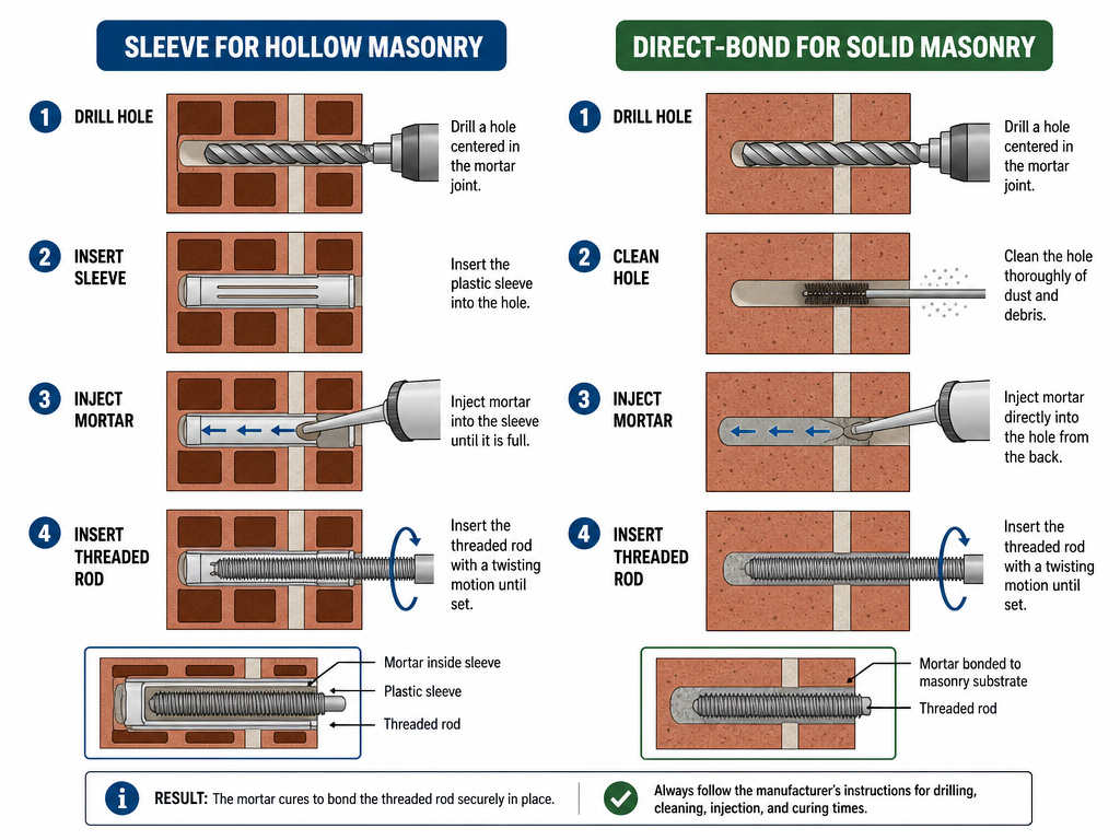 Diagram comparing sleeve versus direct-bond anchor installation in mortar.