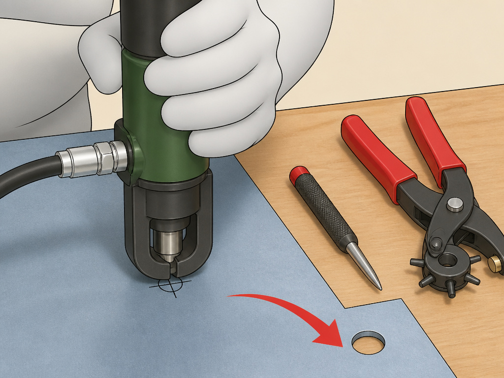 Manual metal punching methods: center punch, hole punch pliers, and hydraulic punch.
