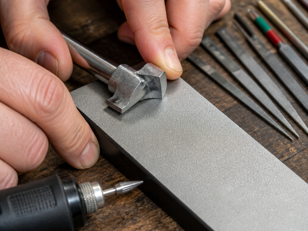 Diamond paddle, needle files, and rotary tool for sharpening a Forstner bit.