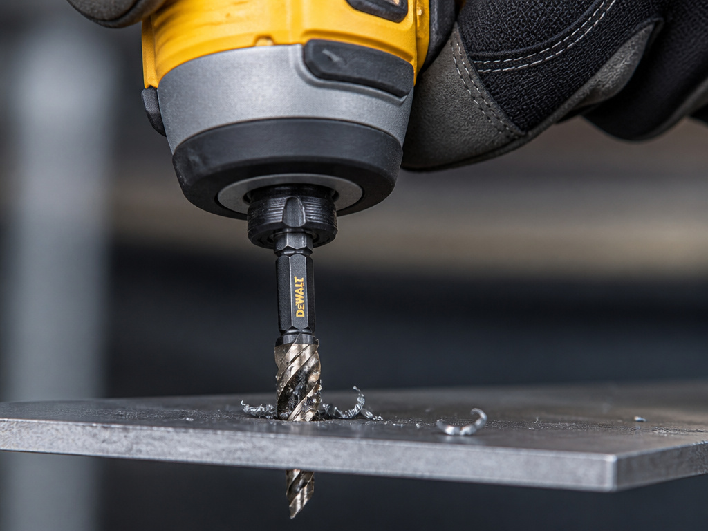 Combination drill and tap bit creating a 5/16-18 threaded hole in sheet metal.