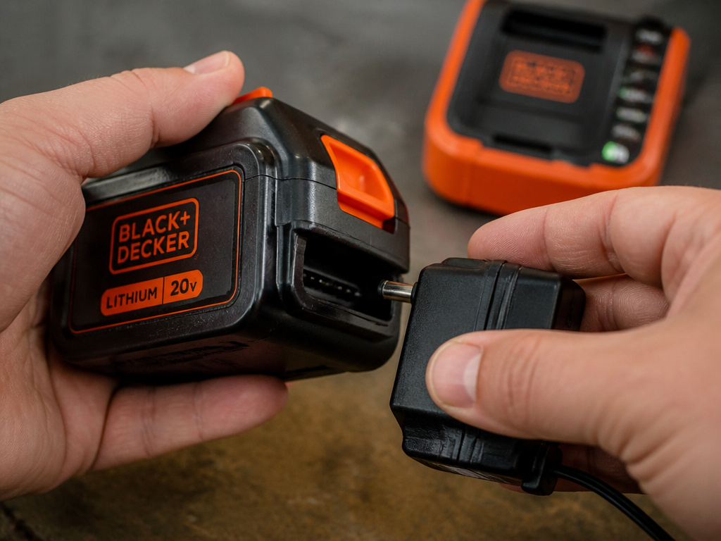 Incorrect use of a generic charger for a Black & Decker drill battery.