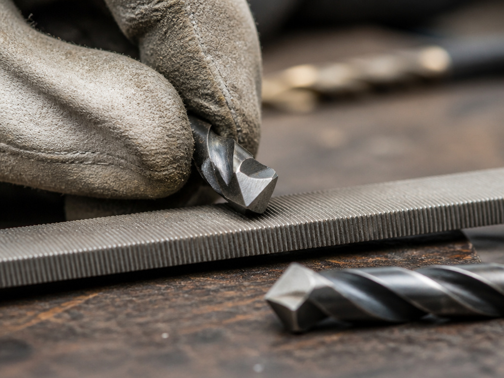 Close-up of filing a drill bit cutting edge to correct sharpening angle.