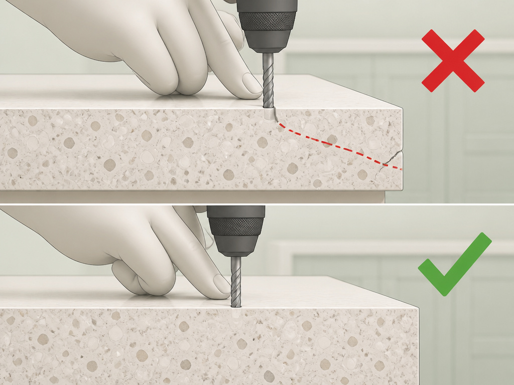 Diagram showing correct and incorrect hole placement distance from quartz countertop edge.
