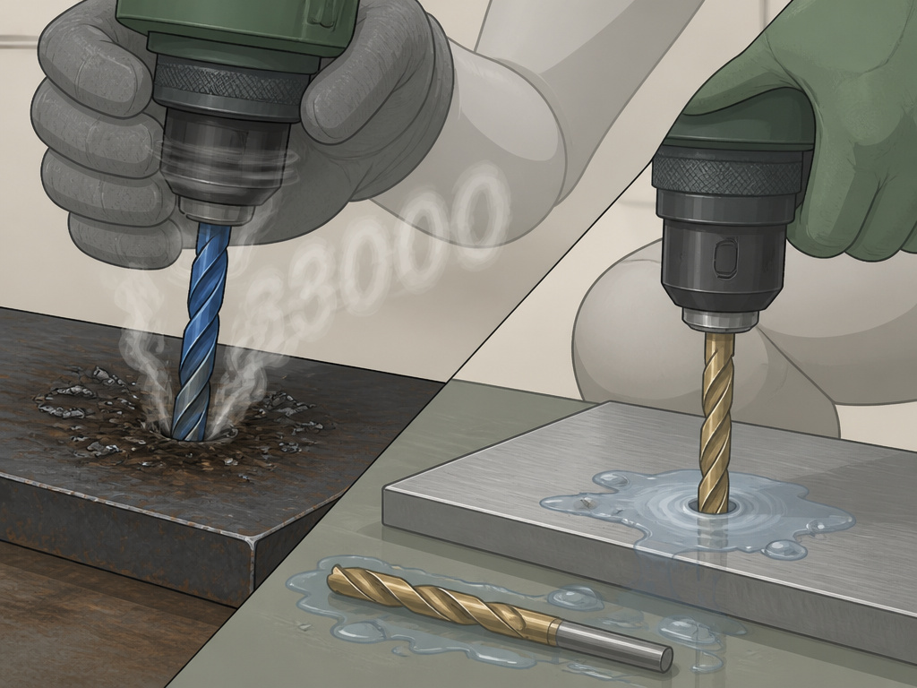 Common mistakes ruining cobalt and titanium drill bits: high RPM and no cutting fluid.