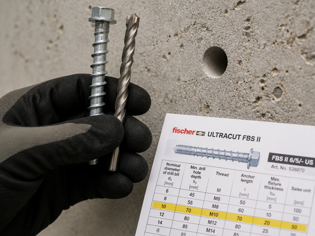 Selecting correct concrete screw and drill bit size using manufacturer specification table.