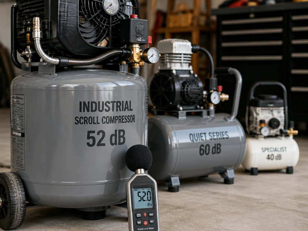 Comparing quiet air compressor decibel levels from industrial to homeowner models.