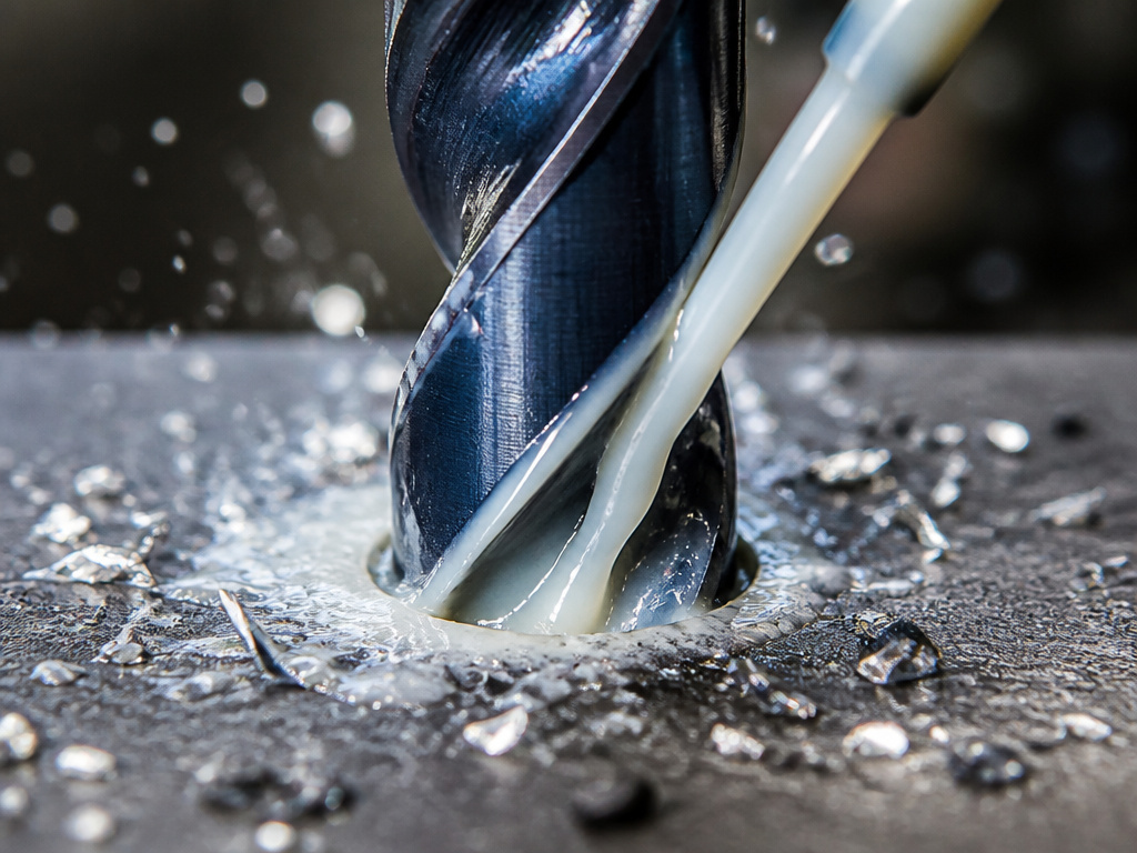 Using cutting fluid to cool and lubricate a drill bit boring through steel.