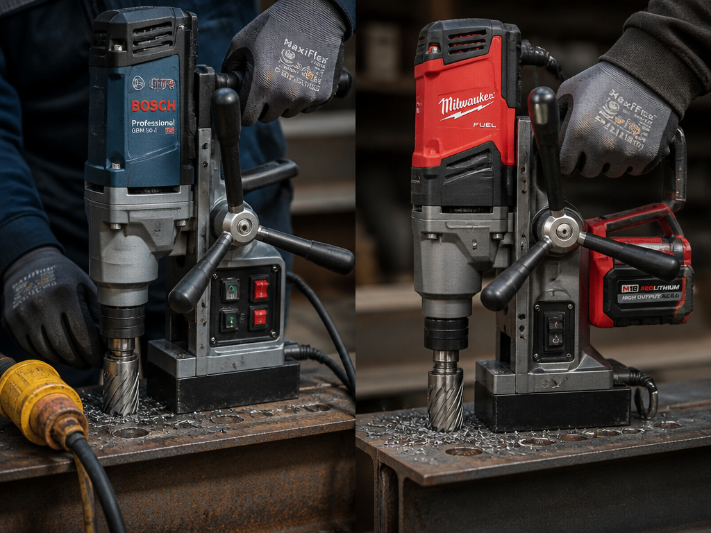 Corded versus cordless magnetic drill comparison secured to structural steel.