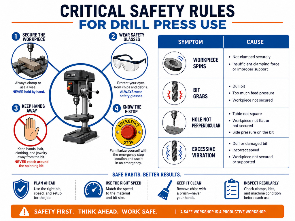 Essential drill press safety infographic with rules and troubleshooting table.