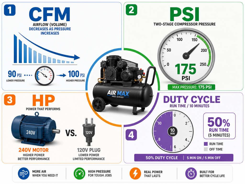 Infographic explaining CFM, PSI, horsepower, and duty cycle for reciprocating air compressors.