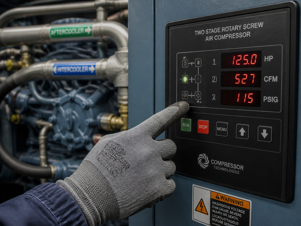Rotary screw air compressor control panel showing critical specs: HP, CFM, and PSIG.