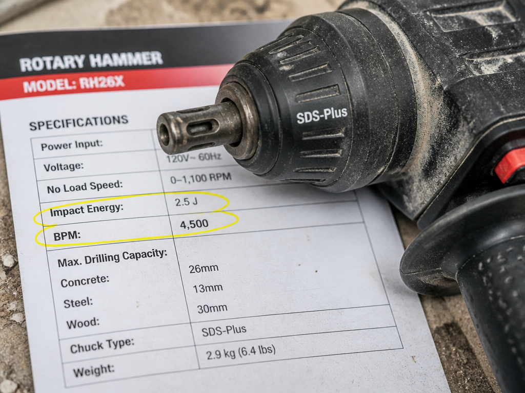 Close-up of a rotary hammer drill's spec sheet highlighting impact energy and BPM.