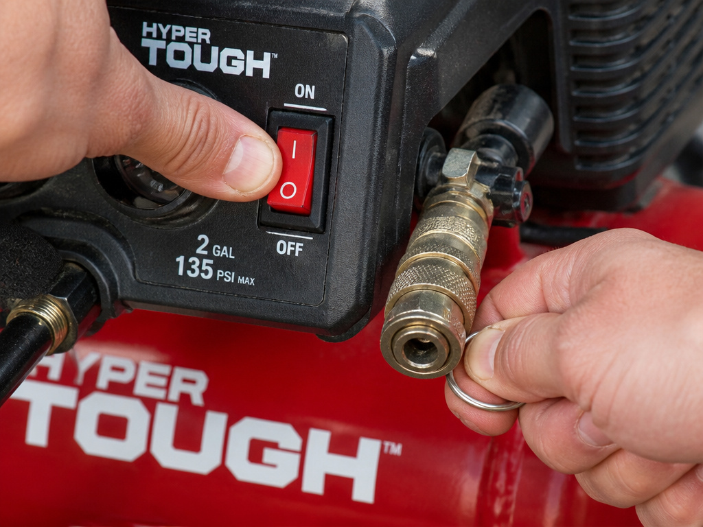 Shutting down a Hyper Tough air compressor by turning power off and bleeding hose pressure.