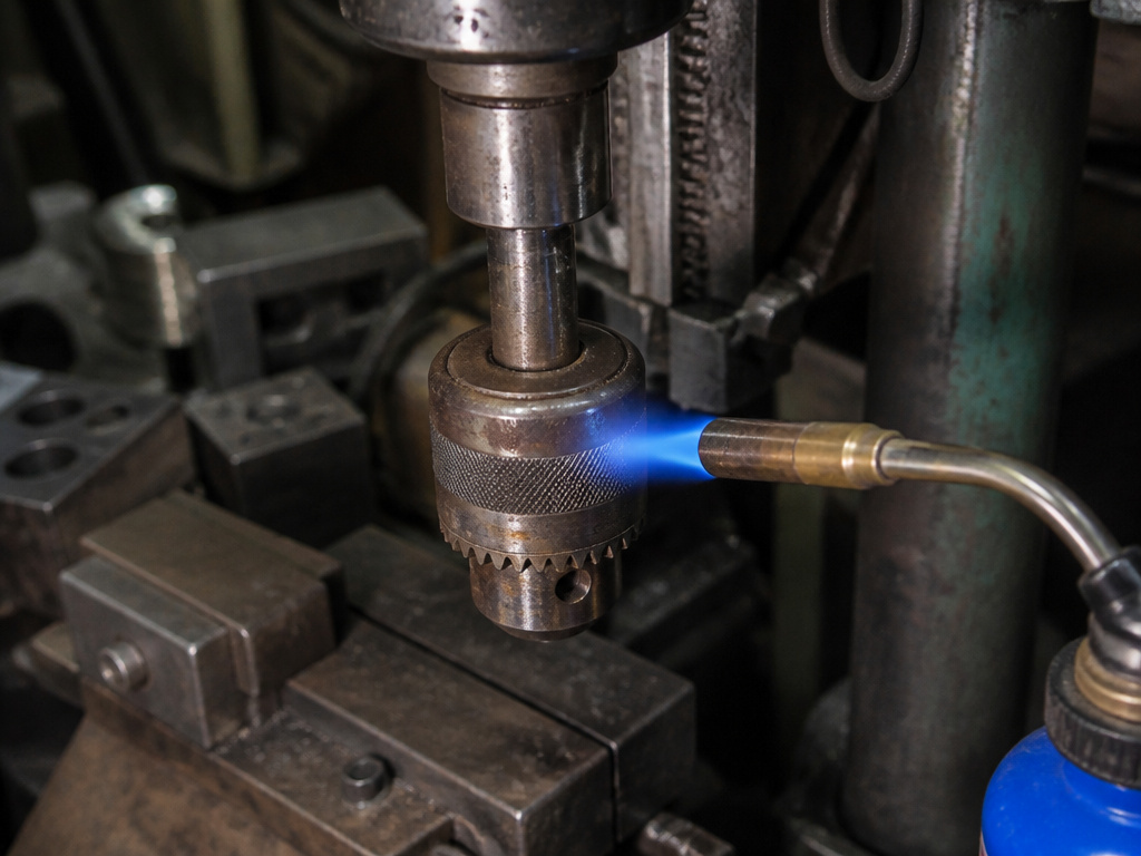 Using a propane torch to heat a seized drill press chuck for removal.