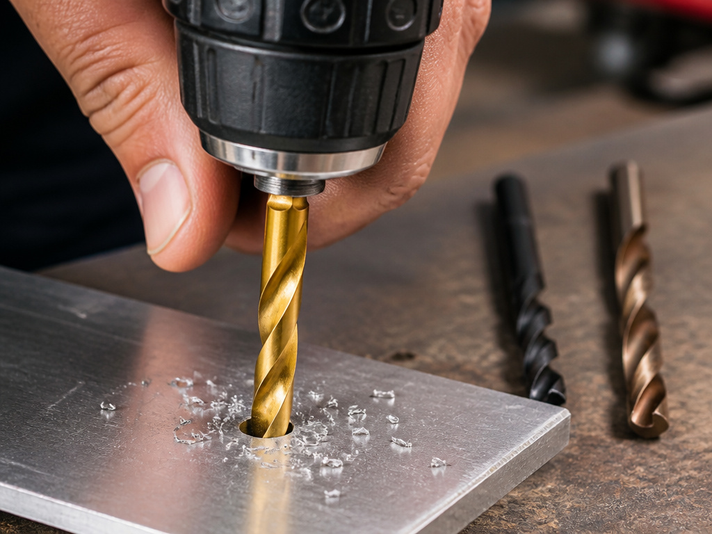 Gold, black, and bronze metal drill bits for drilling aluminum and steel.