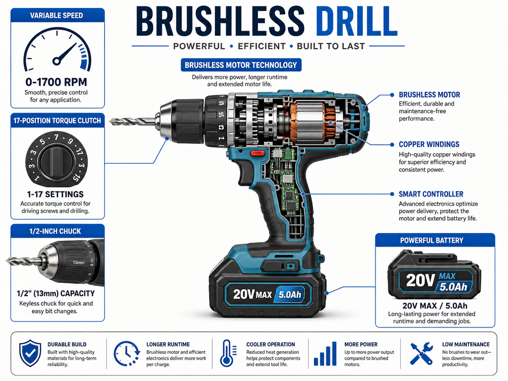 Brushless drill specifications infographic: speed, torque, chuck, and voltage.