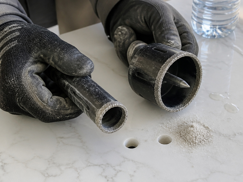 Diamond core bit versus hole saw for drilling into quartz countertop.