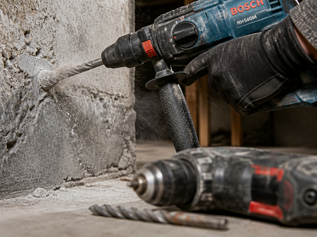 Rotary hammer drilling into concrete versus impact drill for basement wall mounting.