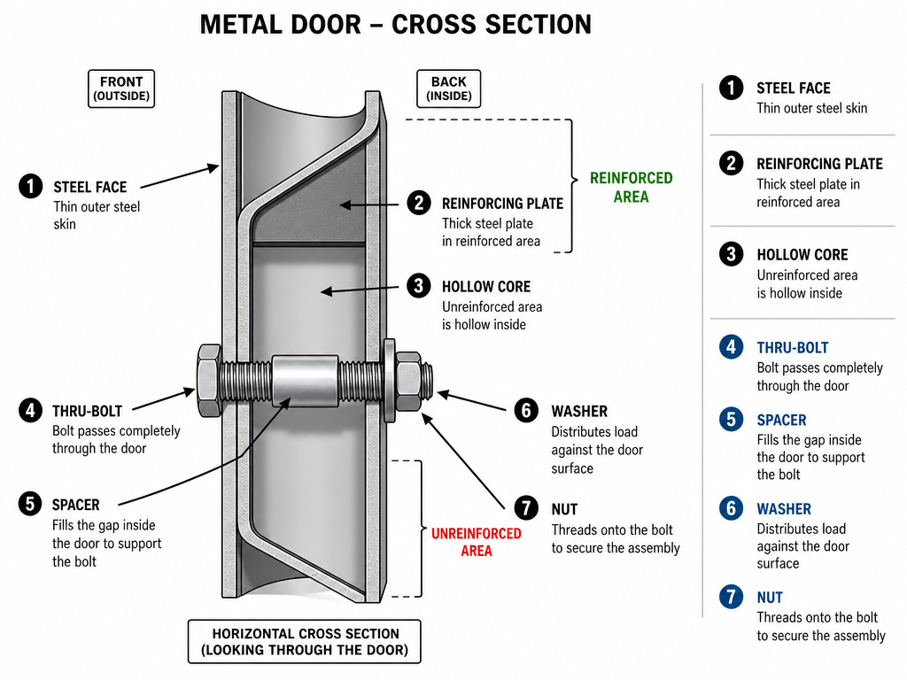 Cross-section diagram of a metal door showing reinforced areas and thru-bolt hardware installation.
