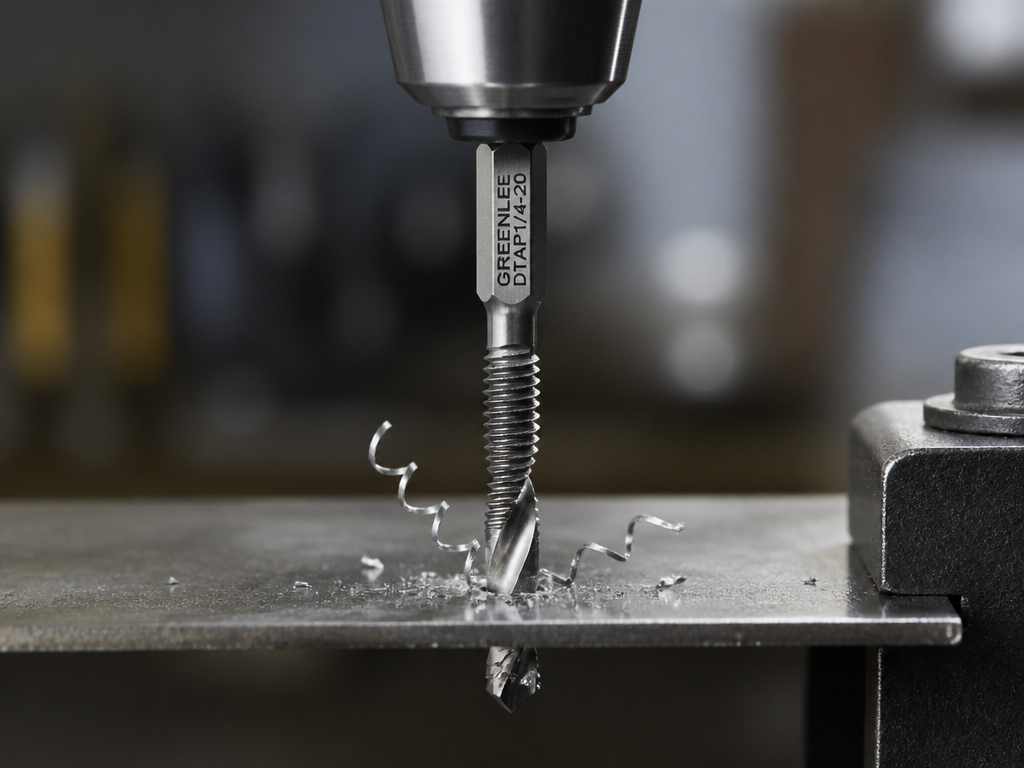 Close-up of a 1/4-20 drill and tap combo bit cutting threads in steel.