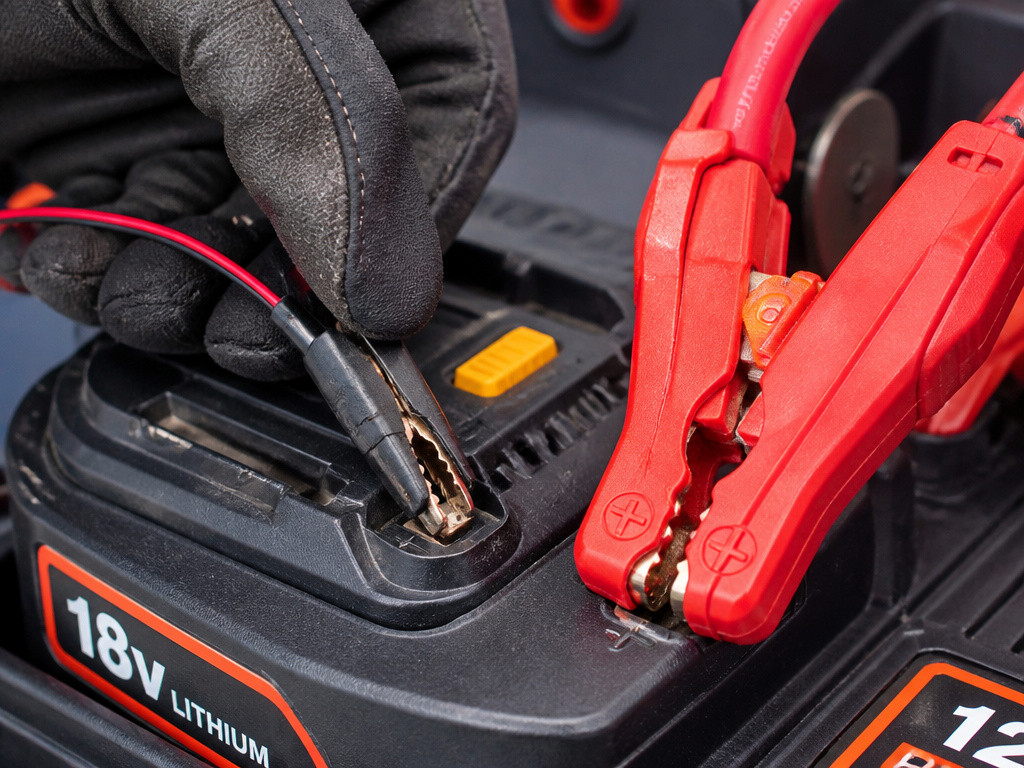 Comparison of thin jumper cables on a drill battery versus thick clamps on a jump starter.