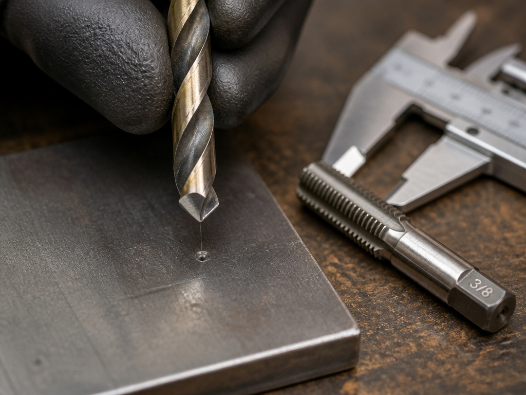Close-up of a 135-degree split point drill bit for tapping a 3/8 hole.