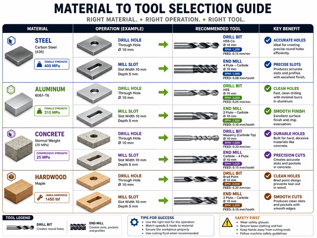 Drill bit versus end mill material selection table for steel, aluminum, concrete, wood