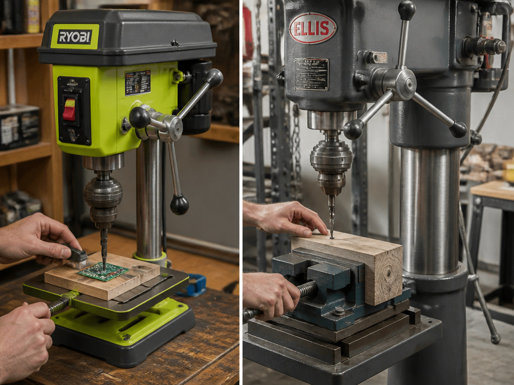 Comparison of a compact benchtop drill press versus a large floor-standing model.