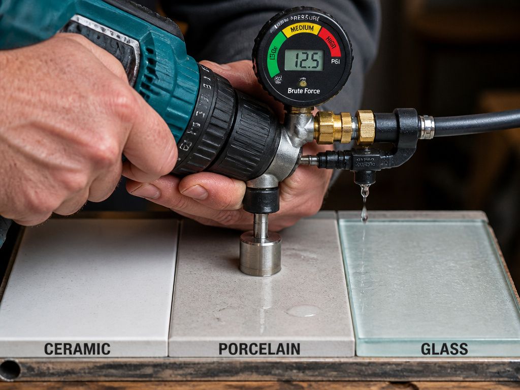 Close-up of drilling tile with pressure gauge showing low setting for porcelain