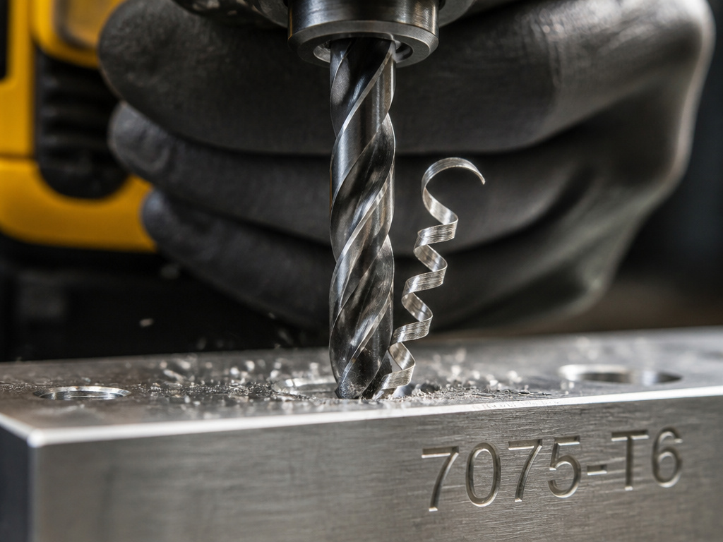 Close-up of a carbide drill bit cutting into stamped 7075-T6 aluminum alloy.