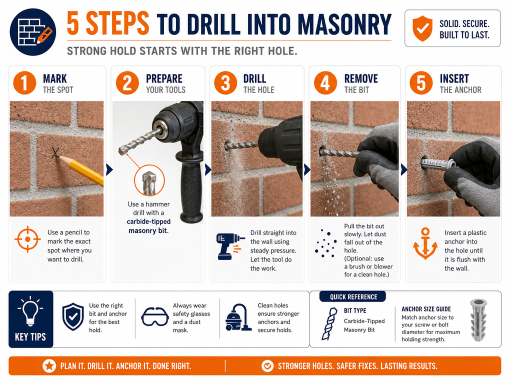 Five-step infographic for drilling and anchoring into brick or concrete walls.