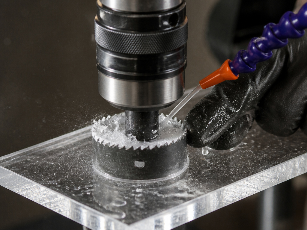 Using a fine-toothed hole saw on Perspex with water cooling to prevent cracks.