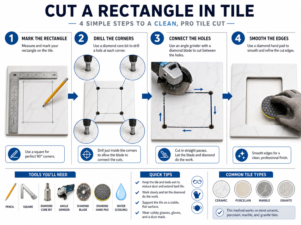 Step-by-step guide to cutting a rectangular hole in tile without cracking it.