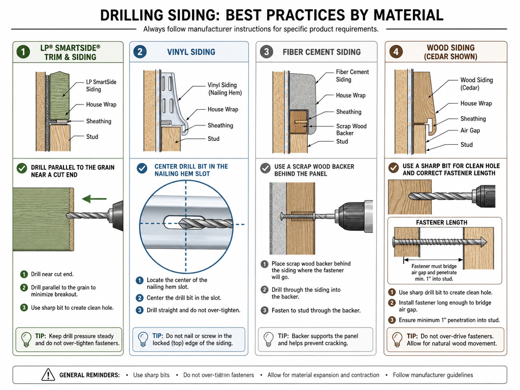 Cross-section diagram of drilling techniques for vinyl, wood, fiber cement, and engineered wood siding.