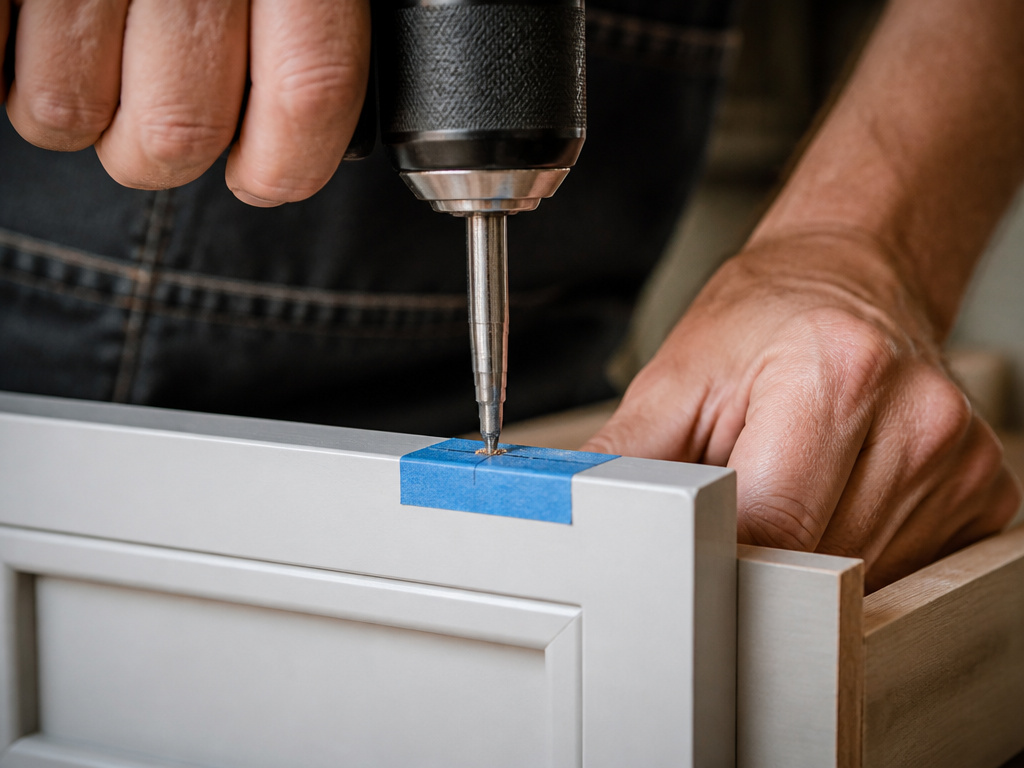 Close-up of drilling a clean hole for a cabinet pull from the finished side.