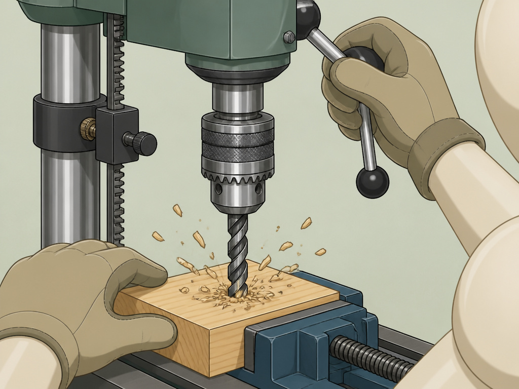 Close-up of hands operating a drill press feed lever to drill into wood.