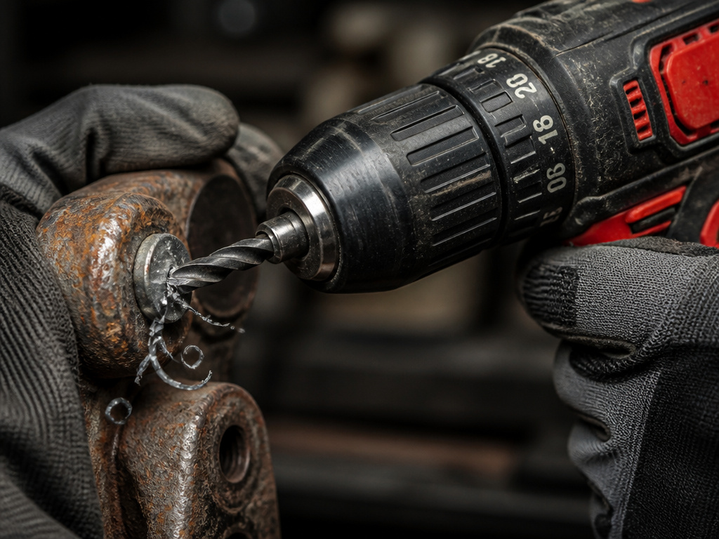 Using a left-hand drill bit with a high-torque drill to extract a bolt.