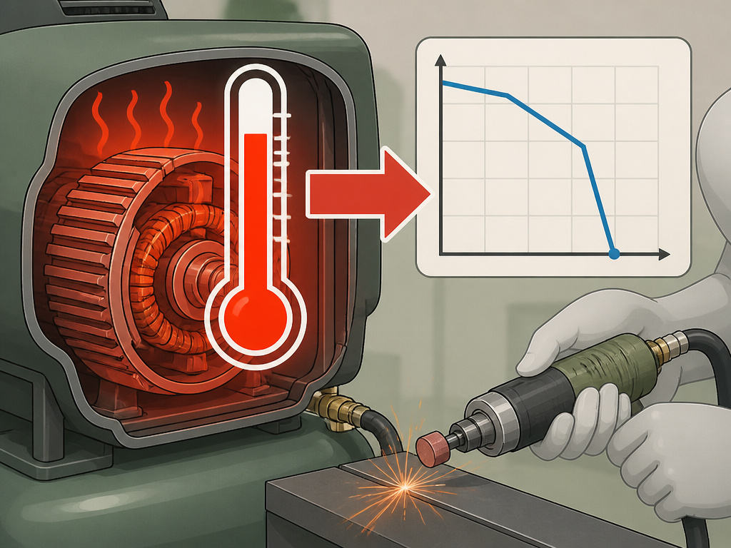 Cartoon diagram showing how compressor duty cycle and overheating limit sustained CFM output.