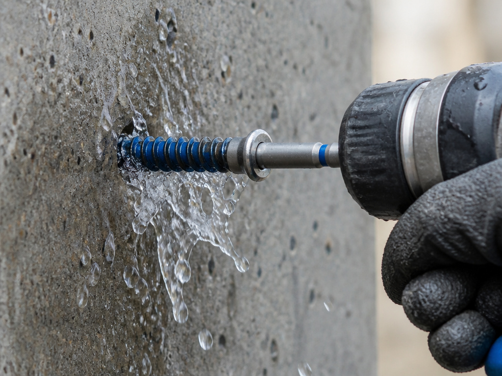 Installing a concrete screw into a water-filled hole in damp wall