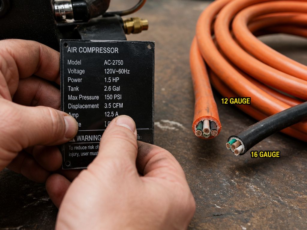 Close-up of air compressor amp specs and thick vs thin extension cord comparison.