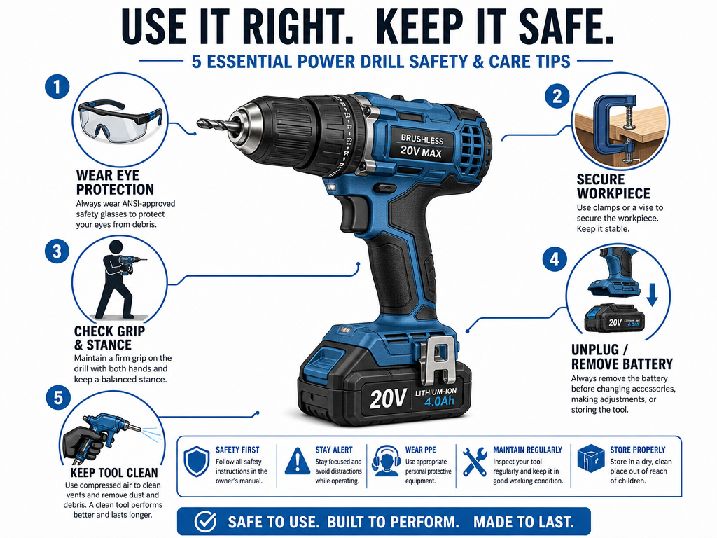 Essential power drill safety tips and maintenance checklist infographic.