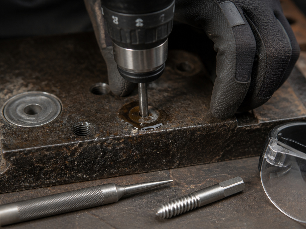 Essential tools for drilling out a stripped screw on a workbench.
