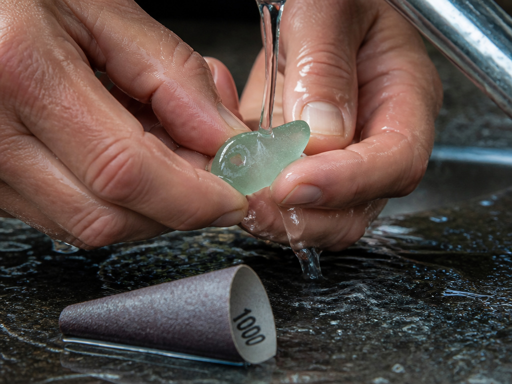 Close-up of rinsing and smoothing a drilled hole in sea glass