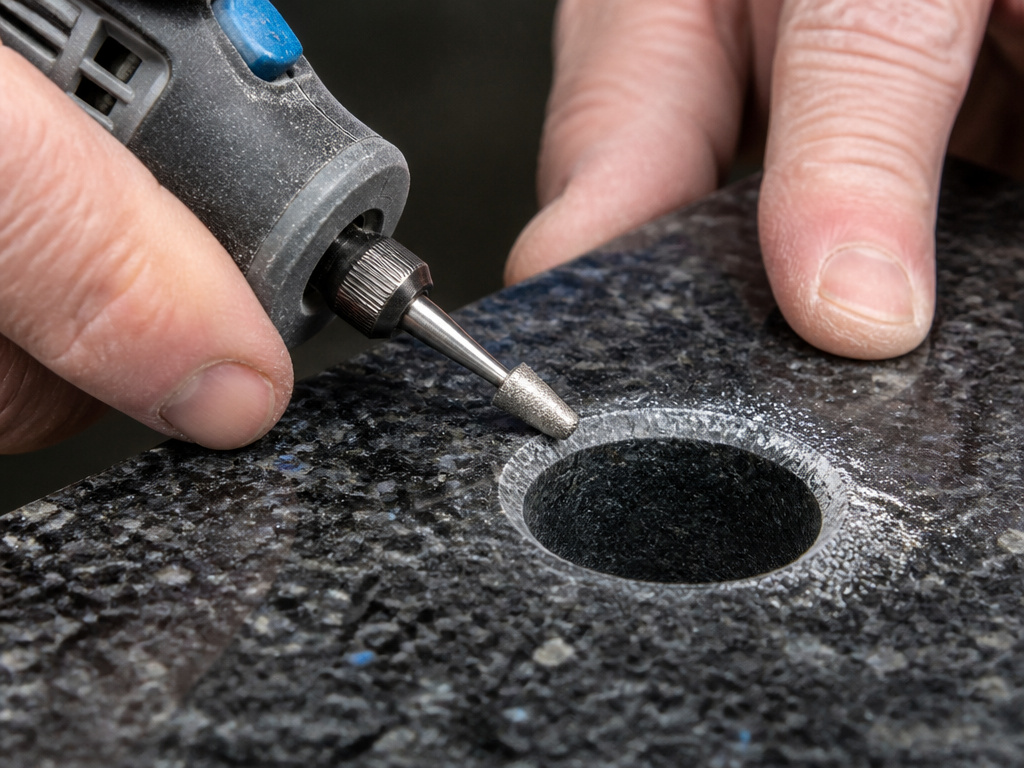 Professional finishing a drilled granite hole with a diamond burr for a clean edge.